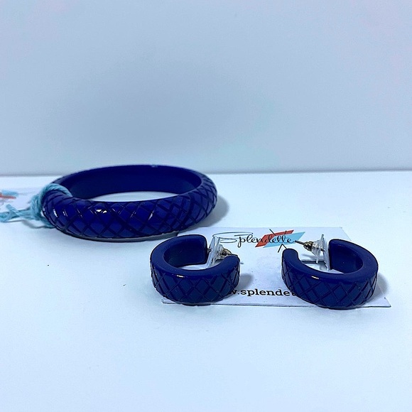 Splendette Set Midi MED Indigo Heavy Carve Fakelite Bangle  & hoop earrings NWT - Picture 4 of 10